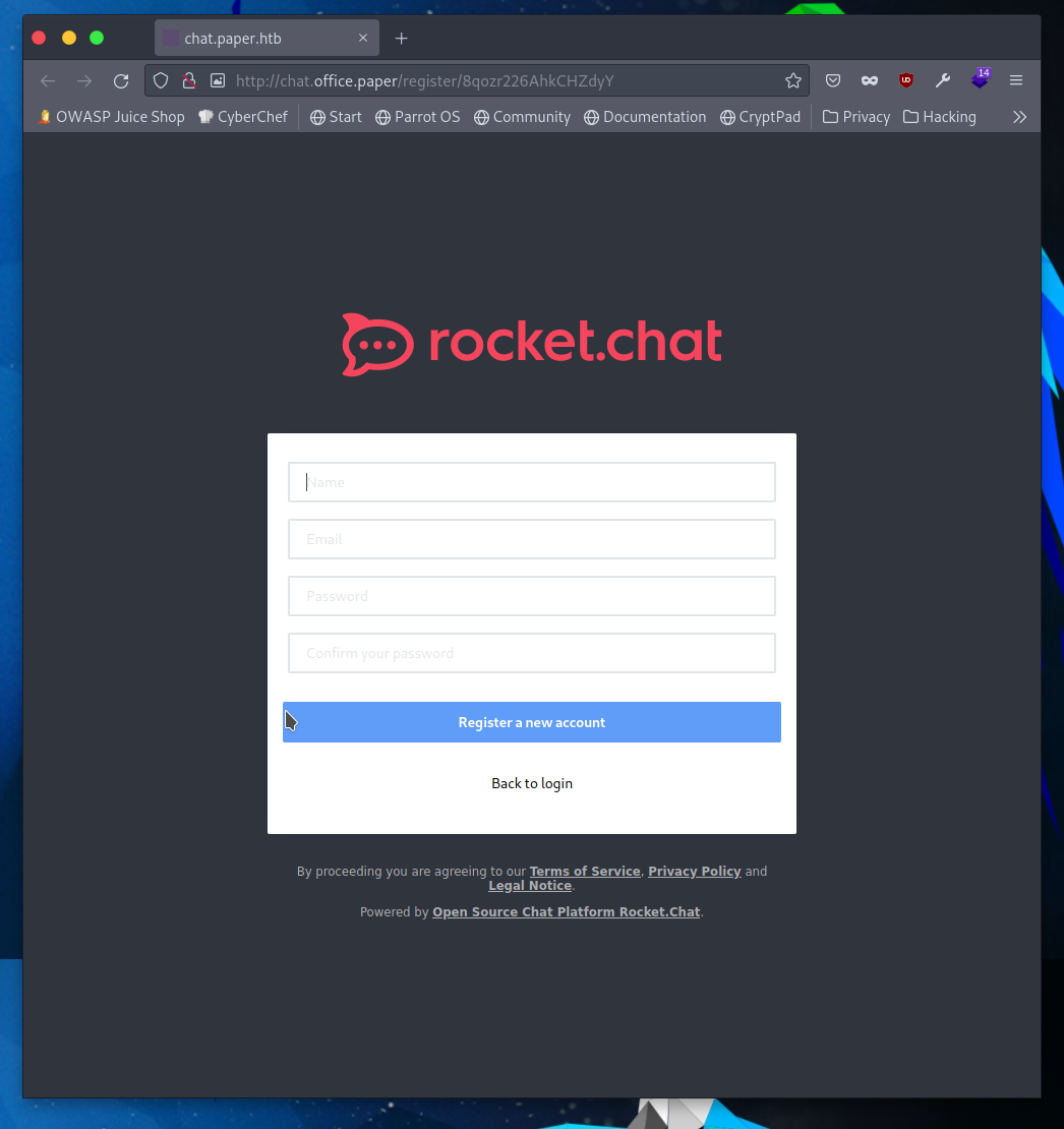 Rocket chat registration