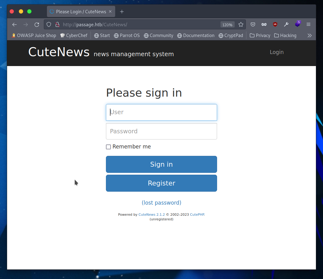 CuteNews login