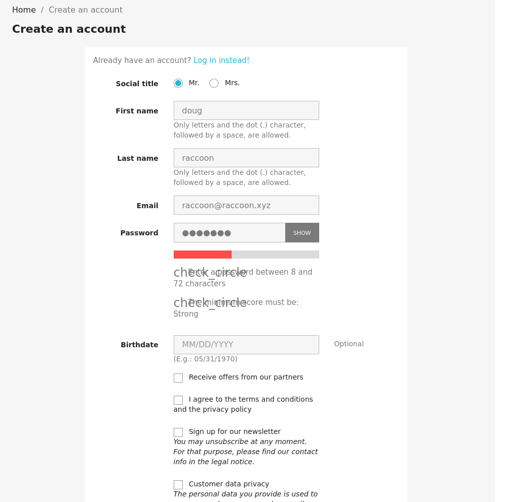 create account Prestashop